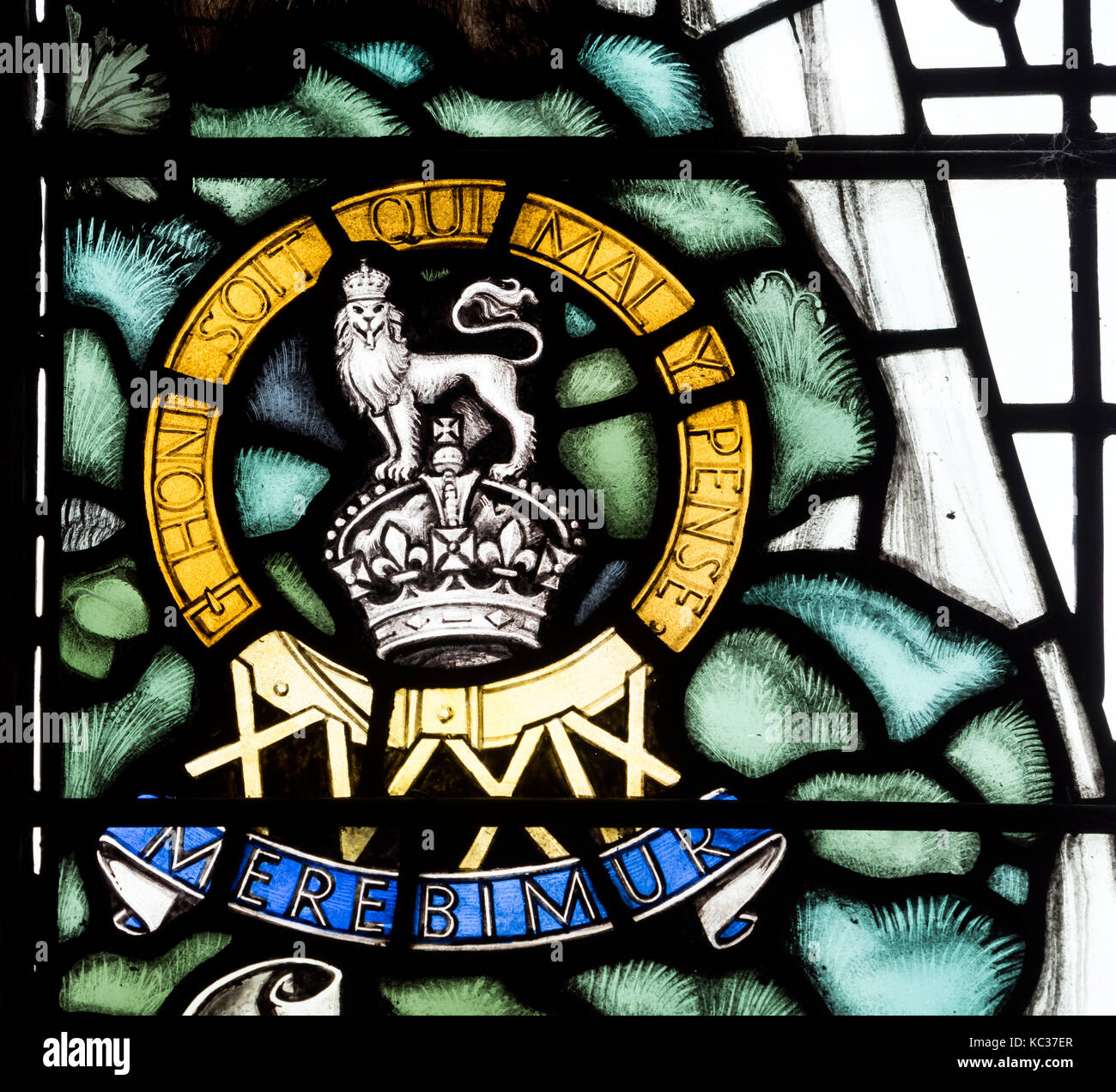 15th 19th King`s Royal Hussars badge stained glass, St. Bartholomew`s Church, Greens Norton, Northamptonshire, England, UK Stock Photo